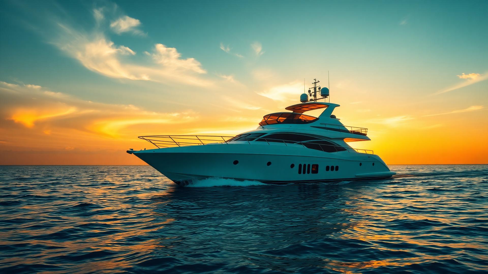 Yacht cutting through open sea at sunset
