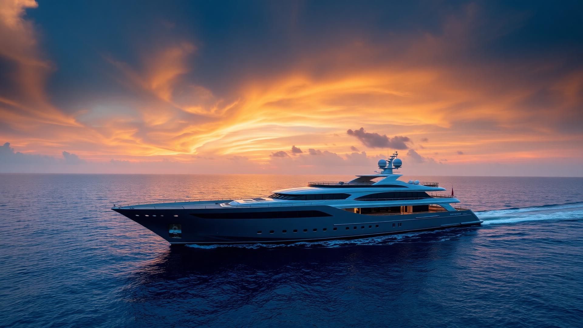 Superyacht cruising at sunset